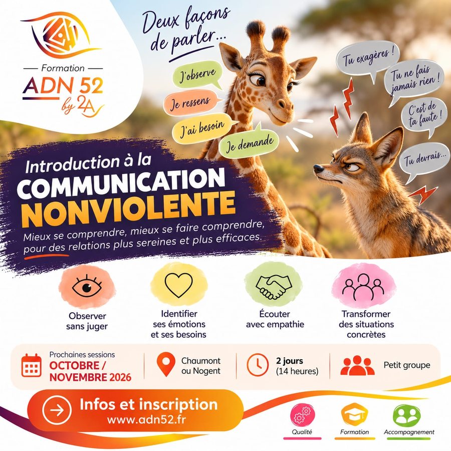 Une girafe et un chacal : deux façons de parler. La girafe dit : j’observe, je ressens, j’ai besoin, je demande. Le chacal dit : tu exagères, tu ne fais jamais rien, c’est de ta faute, tu devrais.